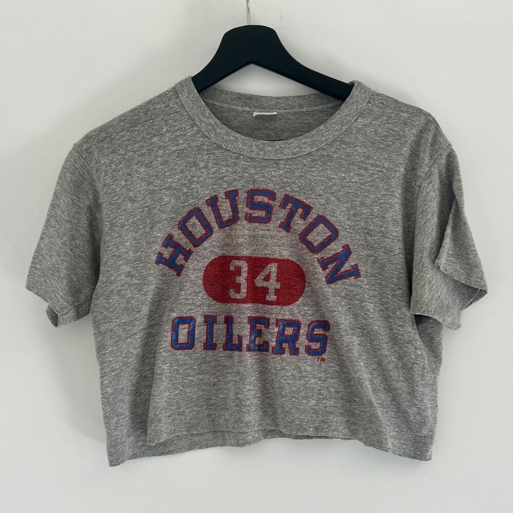Vintage Champion Houston Oilers Logo Cropped Tshirt Gray Retro Football Large wo